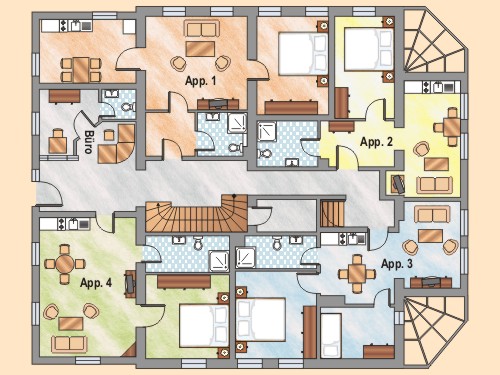 Grundriss der Appartements 1 bis 4 im Erdgeschoss