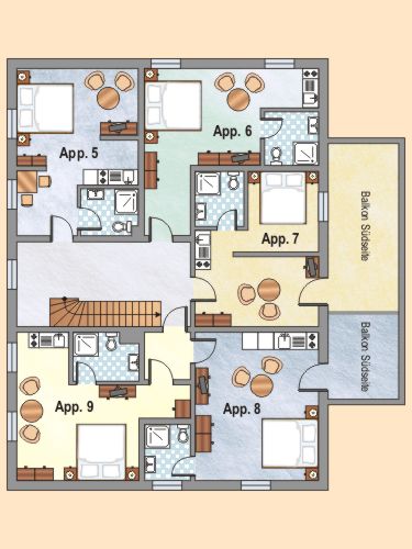 Grundriss der Appartements 5 bis 9 im Obergeschoss